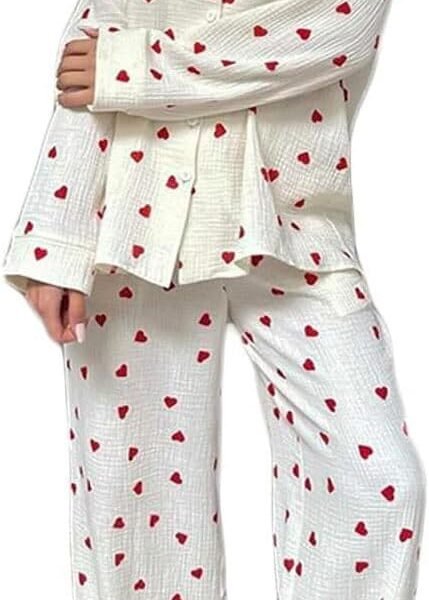 Womens Pajama Sets Cotton Pj Set Cute Heart Print Long Sleeve Button Down Shirt With Long Pants