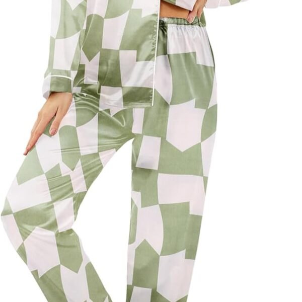 Womens Satin Pajama Set Classic Pattern Silky Pj Sets Button Down Sleepwear Loungewear