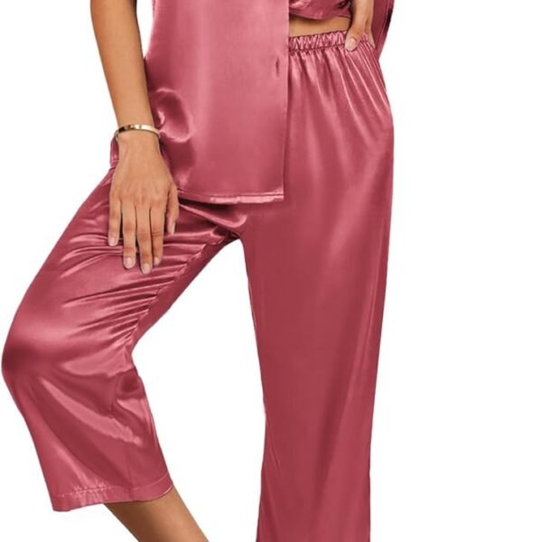 Women Satin Pajamas Silk  Pjs 2 Piece Lounge Sets Short Sleeve Button Down Sleepwear