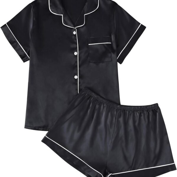 Silk Satin Pajama Set for Women 2 Piece Lounge Pjs Shorts Matching Summer Sleepwear Button Down Shirt Shorts