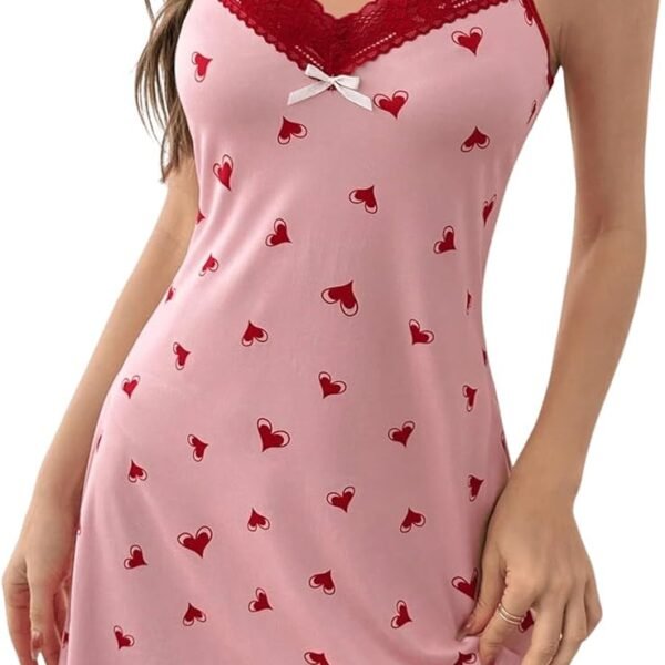 Women Heart Print Cute Nightgowns Sexy Contrast Lace Lingerie Mini Cami Nightdress