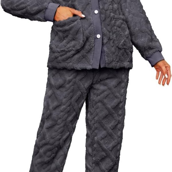 Women Fuzzy Pajama Set Warm Fluffy Long Sleeve Sleepwear Plush Loungewear Thermal Nightwear with Pockets
