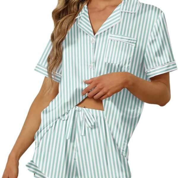 Satin Silk Pajamas for Women 2Pcs Ruffle Notch Collar Sleepwear Button Down Short Sleeve Shorts Pjs Set Loungewear