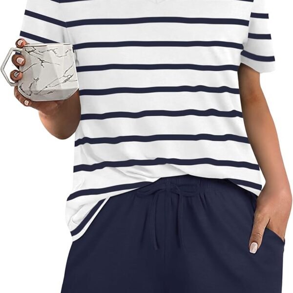 Women's Short Sleeve Pajama Sets with Pockets Casual V Neck 2 Piece Lounge Sets S-3XL