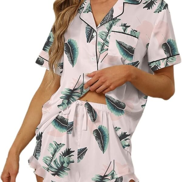 Satin Silk Pajamas for Women 2Pcs Ruffle Notch Collar Sleepwear Button Down Short Sleeve Shorts Pjs Set Loungewear