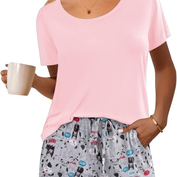 Womens Pajamas Short Sleeve Lounge Set Crew Neck Tops and Ruffle Shorts Pj Sets Soft Sleepwear with Pockets S-XXL