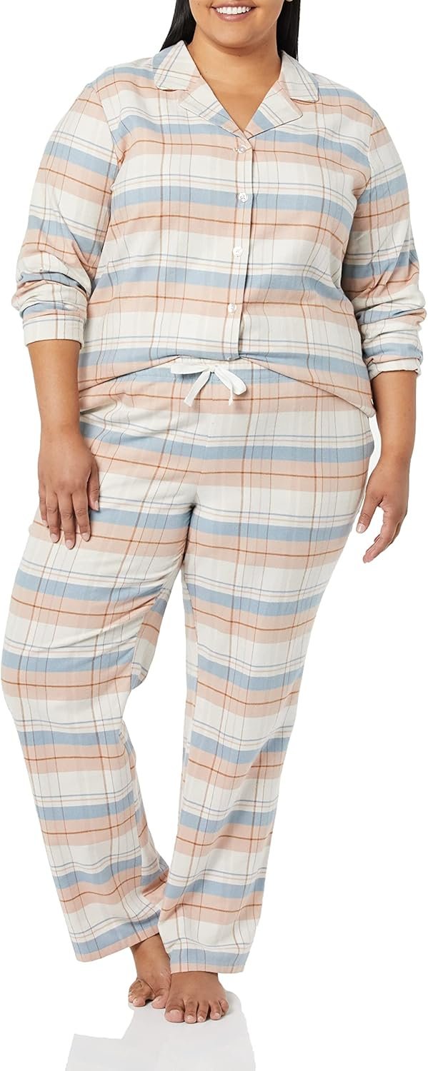 Women's Flannel Long-Sleeve Button Front Shirt and Pant Pajama Set
