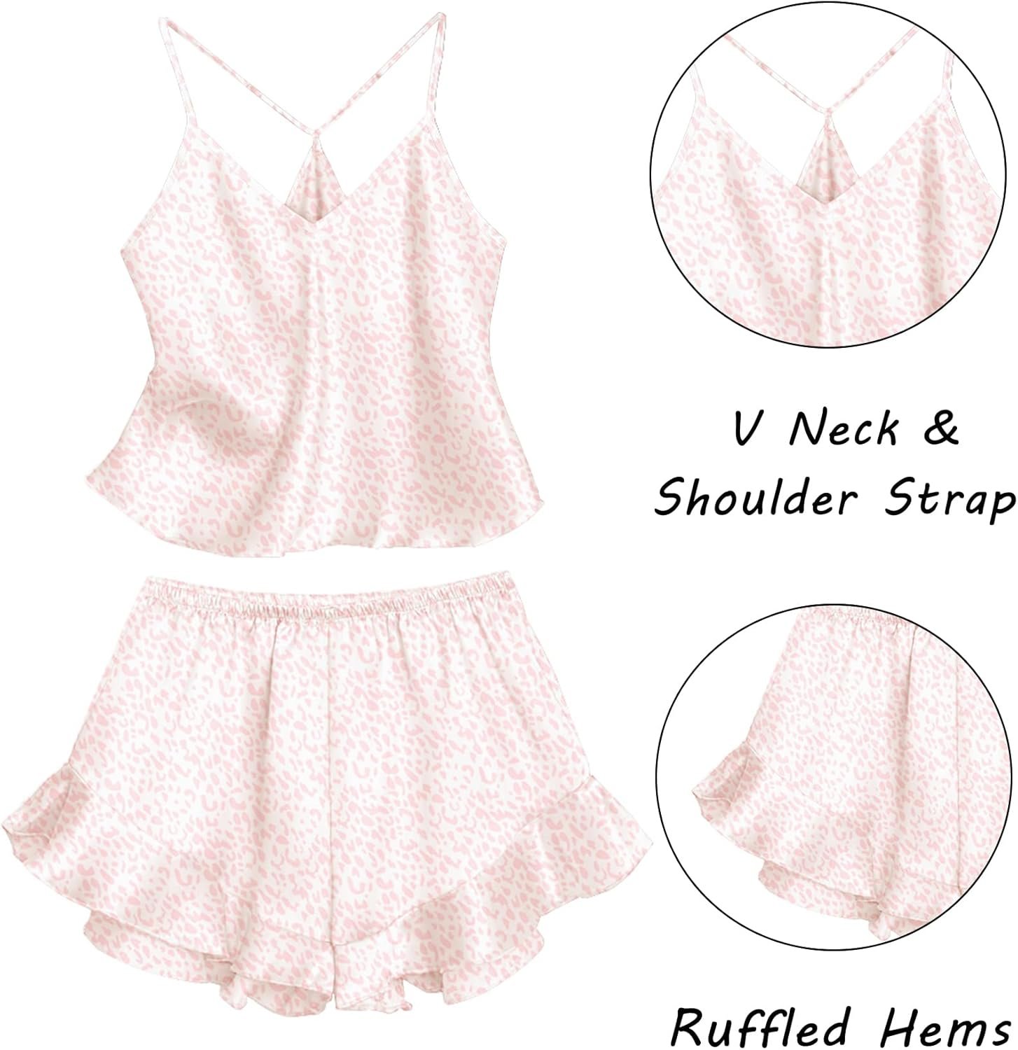 Satin Pajama Set for Women 2 Piece Camisole Top and Shorts Silk Lingerie with Ruffle Floral Nightwear - Image 2