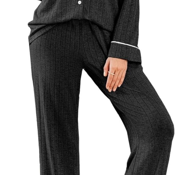 Womens Pajama Sets Long Sleeve Ribbed Knit Lounge Set Button Down Soft 2 Piece Pjs With Pockets