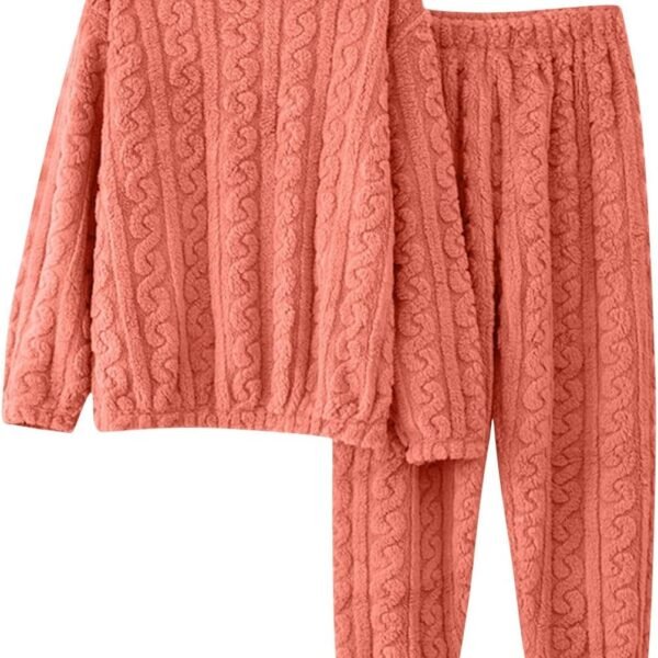 Fleece Fuzzy Sleepwear for Women Winter Warm Plush Lounge Set Thermal Crew Neck Long Sleeve Top and Pants Pajamas