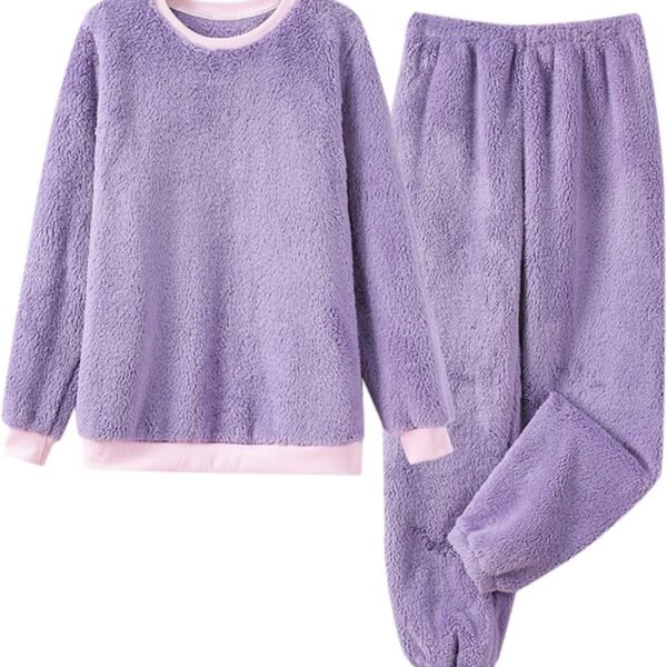 Two Piece Pajama Set For Women Winter Fuzzy Fleece Lined Outfits Long Sleeve Top Wide Leg Pants Loungewear Sets