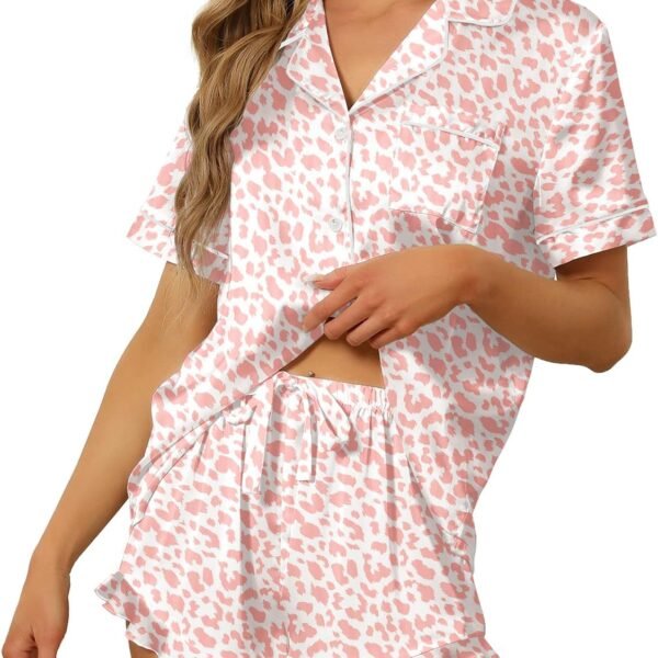 Satin Silk Pajamas for Women 2Pcs Ruffle Notch Collar Sleepwear Button Down Short Sleeve Shorts Pjs Set Loungewear