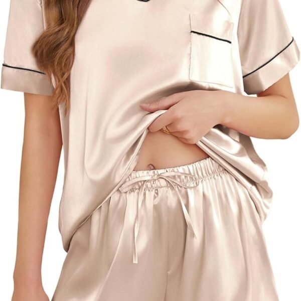 Silk Pajamas for Women Short Sleeve Satin 2 Piece Pj Set Soft V Neck Sleepwear Loungewear, S-XXL