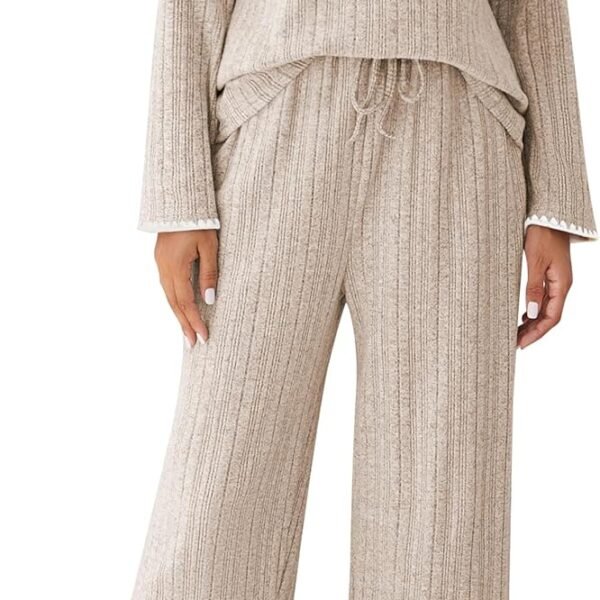 Womens 2 Piece Pajama Sets Fall Ribbed Color Block Lounge Set Fleece Long Sleeve Pj Sleepwear Pockets