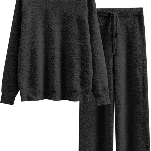 Women's Fuzzy Fleece Pajama Sets 2 Piece Outfits Long Sleeve Top Wide Leg Pants Lounge Matching Set 2025 Fall Winter