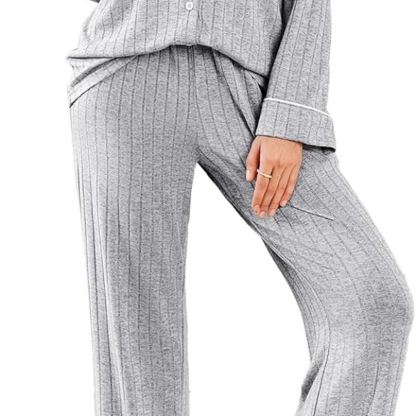 Womens Pajama Sets Long Sleeve Ribbed Knit Lounge Set Button Down Soft 2 Piece Pjs With Pockets