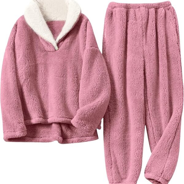 Women's Fleece Pajamas Sets Fluffy Sleepwear Warm Sherpa Pullover Pants with Pockets