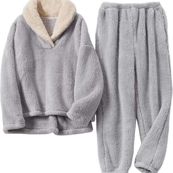Women's Fleece Pajamas Sets Fluffy Sleepwear Warm Sherpa Pullover Pants with Pockets