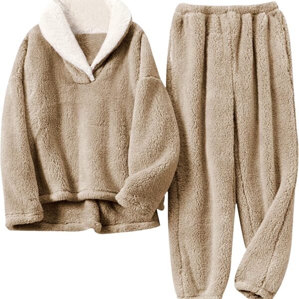 Women's Fleece Pajamas Sets Fluffy Sleepwear Warm Sherpa Pullover Pants with Pockets