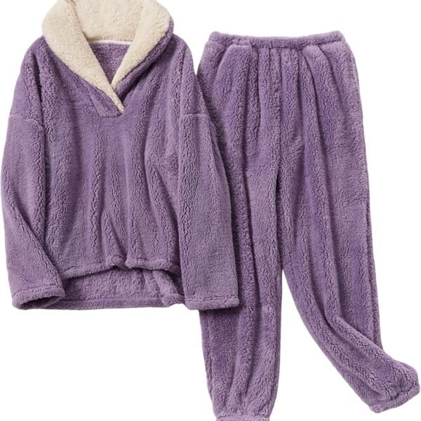 Women's Fleece Pajamas Sets Fluffy Sleepwear Warm Sherpa Pullover Pants with Pockets